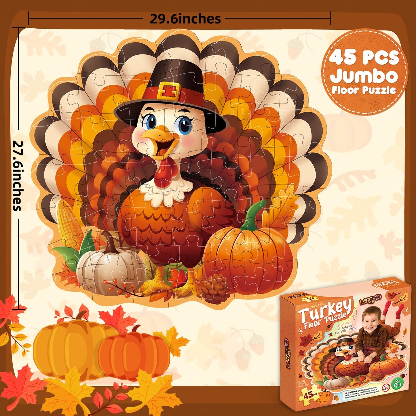 Thangskgiving Gifts for Kids with 45pcs Turkey Floor Puzzles Jumbo Jigsaw Puzzles Fall Gifts for Boy Girls