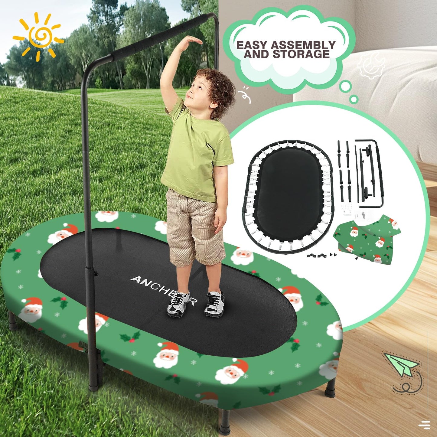 Ancheer 56'' Double Kids Trampoline With Adjustable Handlebar, 220Lbs Capacity - Indoor/Outdoor Foldable Jumper For 2+ Users (As