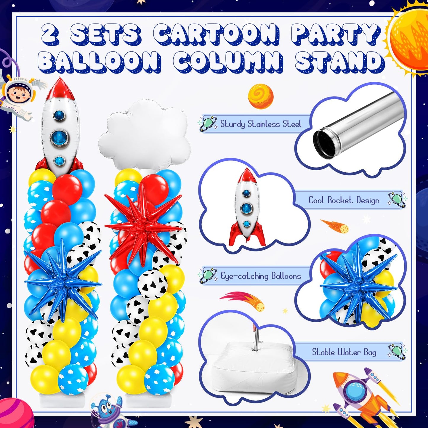 Kasyat Cartoon Party Balloon Column Stand Kit - 2 Sets, Toy Size, Colorful Rocket & Cow Print Balloons for Baby Shower Decorations