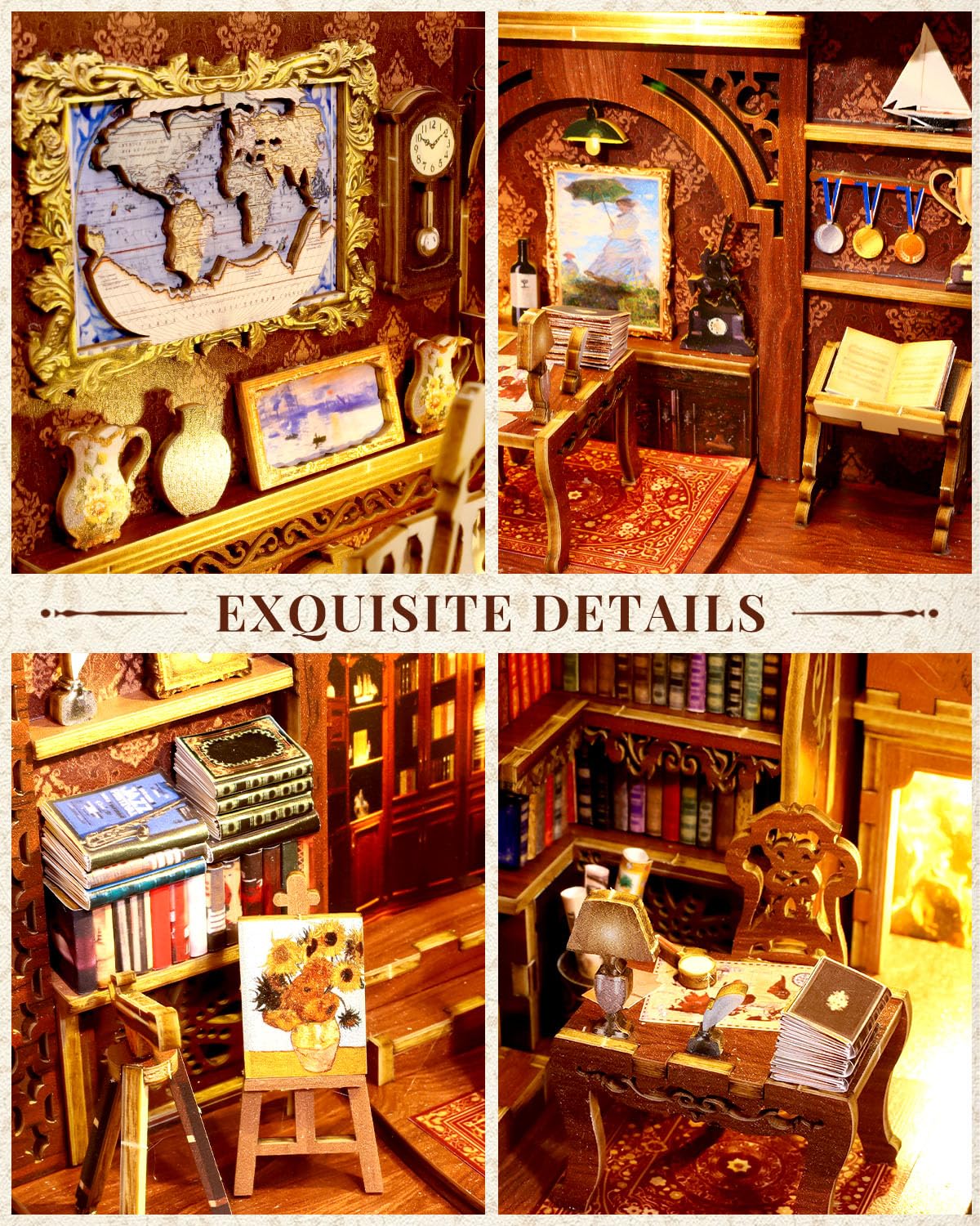 Ourmiao Book Nook Kit Library, Diy Booknooks Kit For Adults Teens With Sensor Lights, Bookshelf Diorama Miniature Scenes Insert