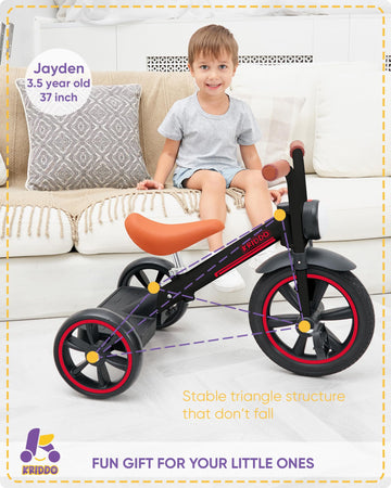 KRIDDO Kids Tricycle, 12 Inch Puncture Free Wheel w Front Light, Adjustable Seat Height, Gift for 2-5 Year Olds, Trike for Toddl