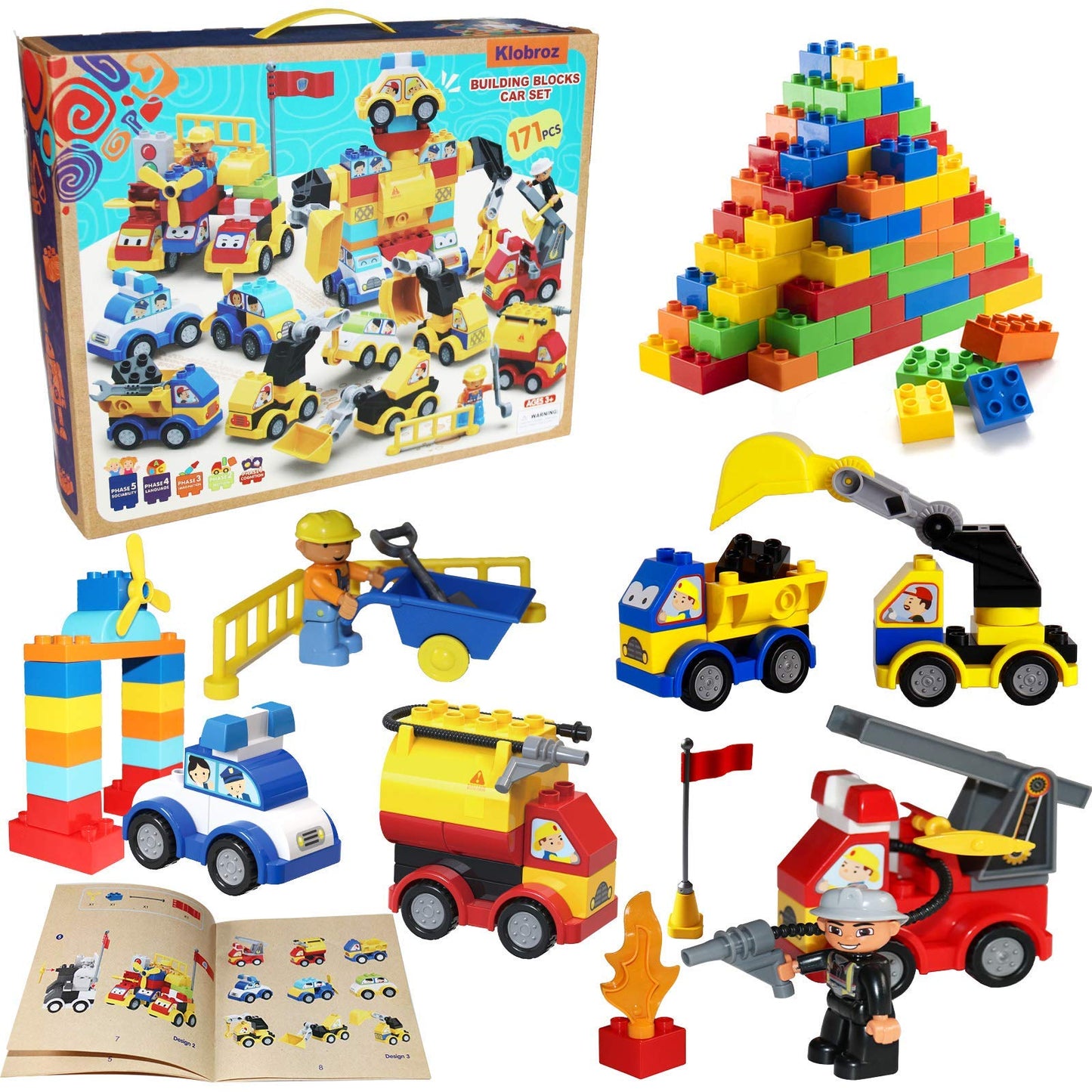 Klobroz Building Blocks For Toddlers 2-5, 171 Pieces Blocks Car Set For Kids Classic Large Building Bricks Compatible With All Major Brands Educational Toys For All Ages