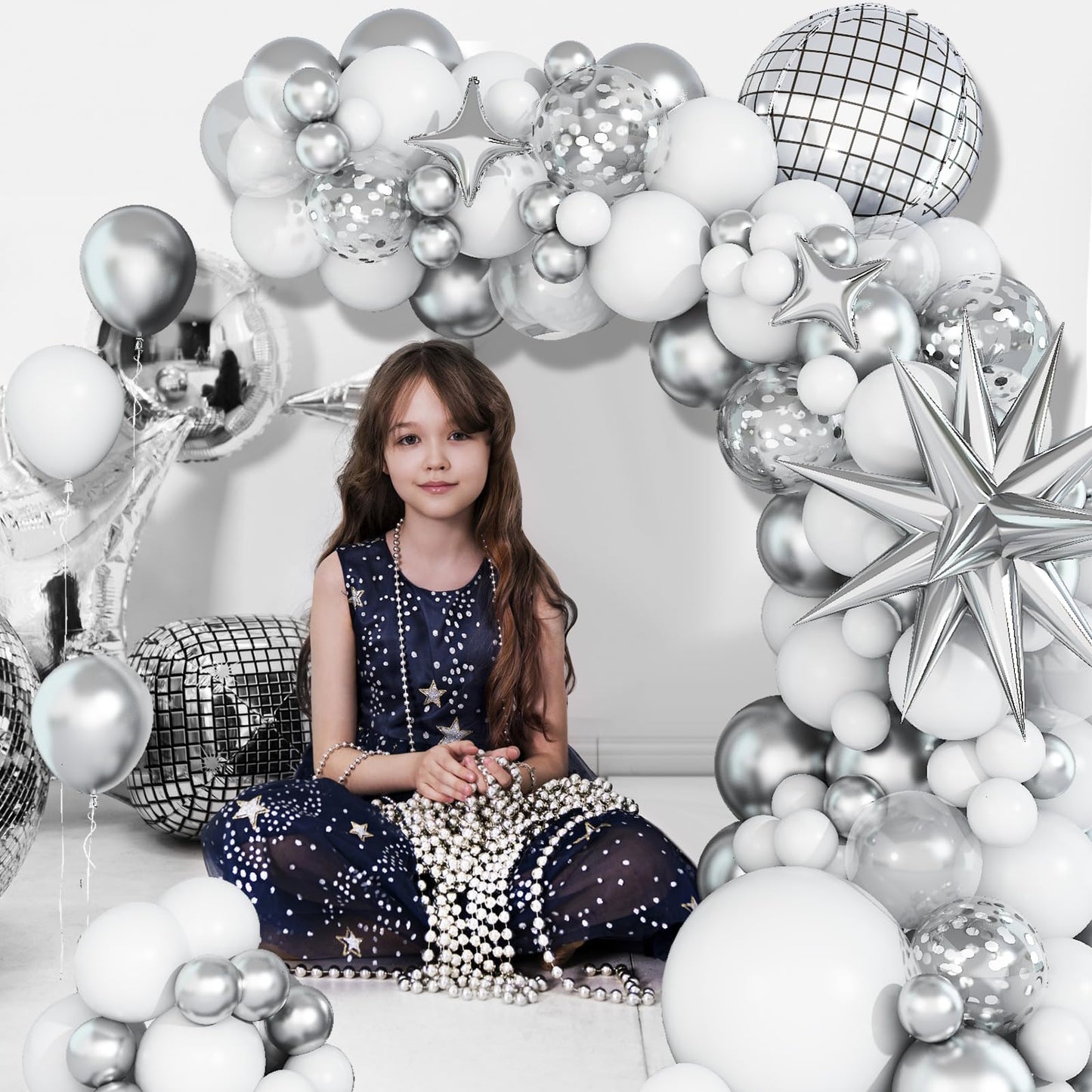 White And Silver Balloon Arch Garland Kit,White Silver Star Confetti Metallic Balloon Decoration With 18 Inch 4D Disco Silver Fo