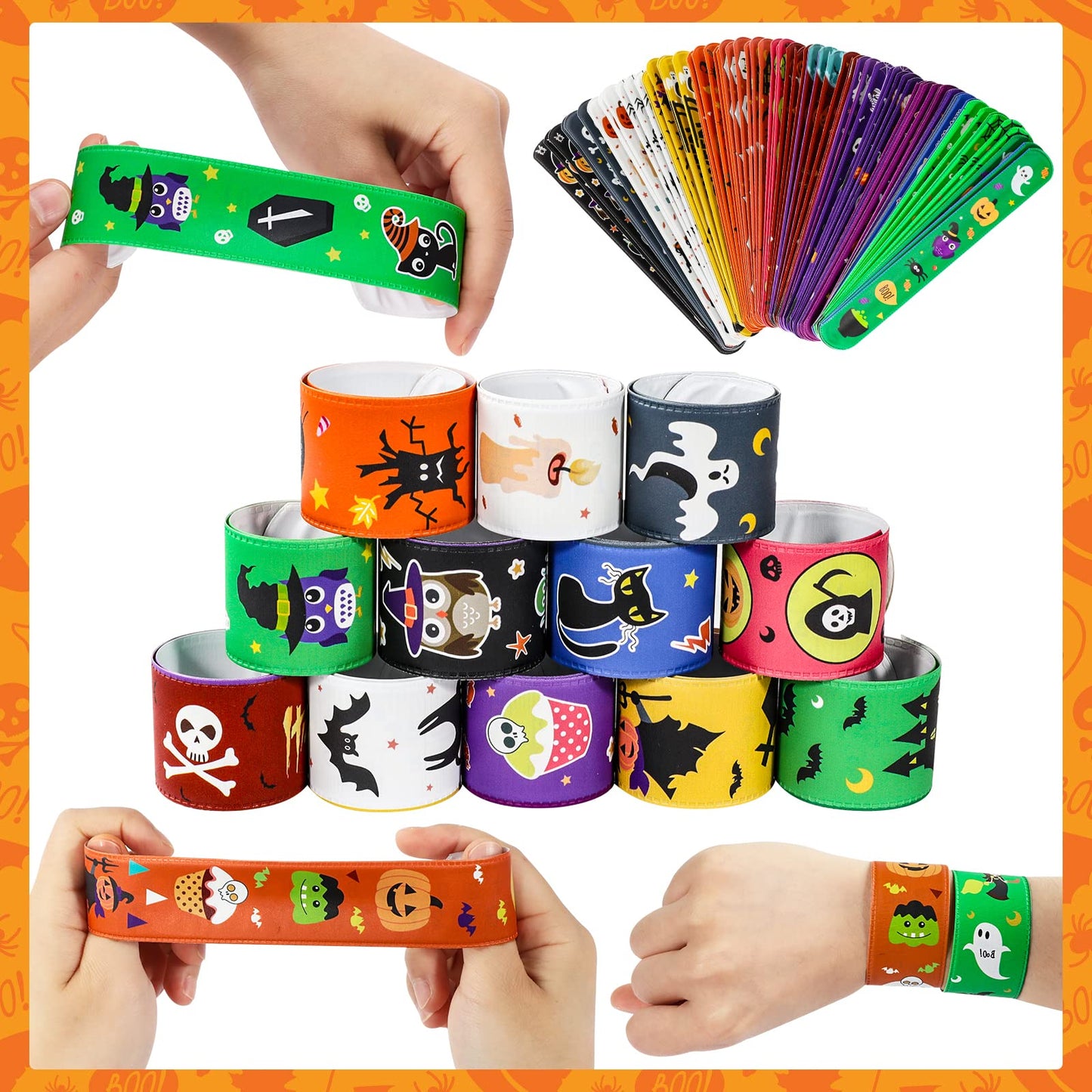 MGparty 72PCS Halloween Slap Bracelets 24 Halloween Theme Designs Spider Pumpkin Ghost Zombie Bat Witches Snap Bracelet for Kids