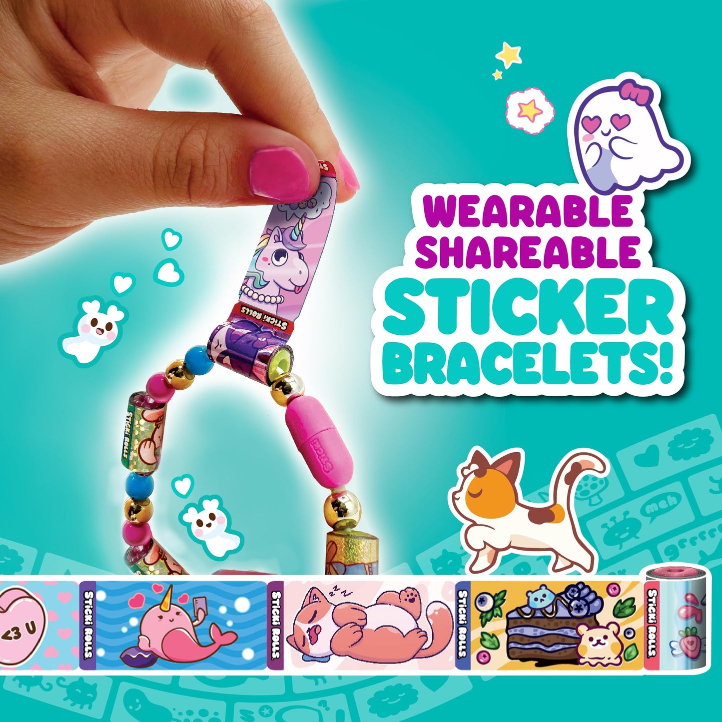 STICKI ROLLS Sticki Bands - Wearable & Shareable Sticker Toy Bracelet | Includes 70 Mini Stickers | 2 Mystery Reveal Sticki Roll