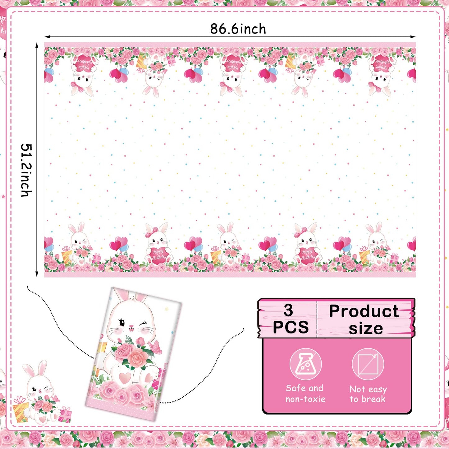 3 Pcs Easter Bunny Party Supplies Tablecloth Bunny Plastic Table Covers Floral Pastel Table Cloth Bunny Themed Birthday Decorati