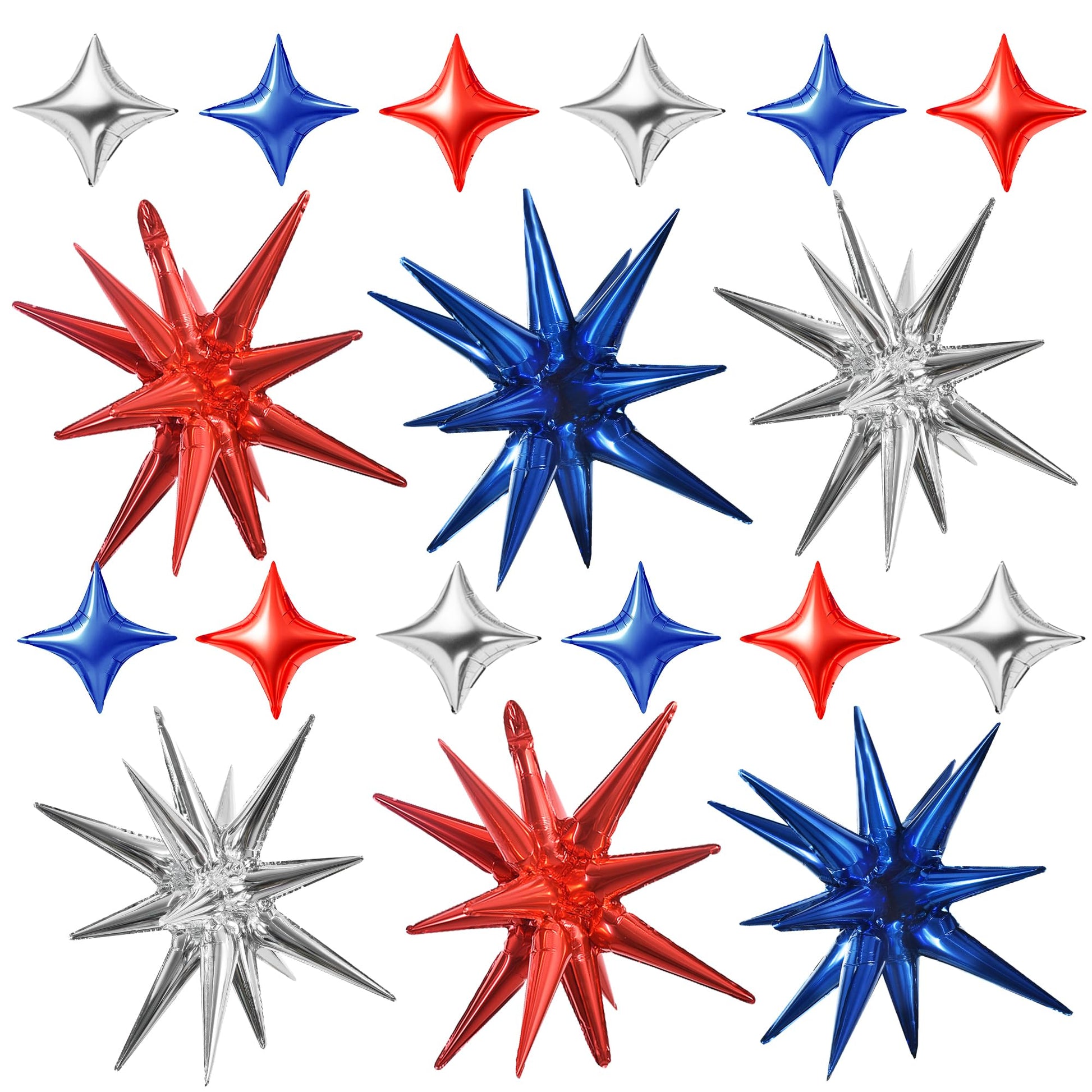 TONIFUL 18Pcs 22Inch Red Blue Silver Explosion Star Mylar Balloons and 10Inch Four Pointed Star Balloons Set for Christmas New Y