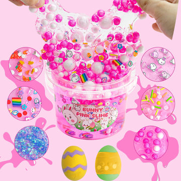 Lawoho Bunny Clear Slime 300Ml, Pink Clear Slime Kit For Girls Ages 8-12 With 8 Add-Ins, Slime For Kids Party Favors, Non Stick Slime With Easter Eggs Clay, Birthday Halloween Christmas Easter Gifts