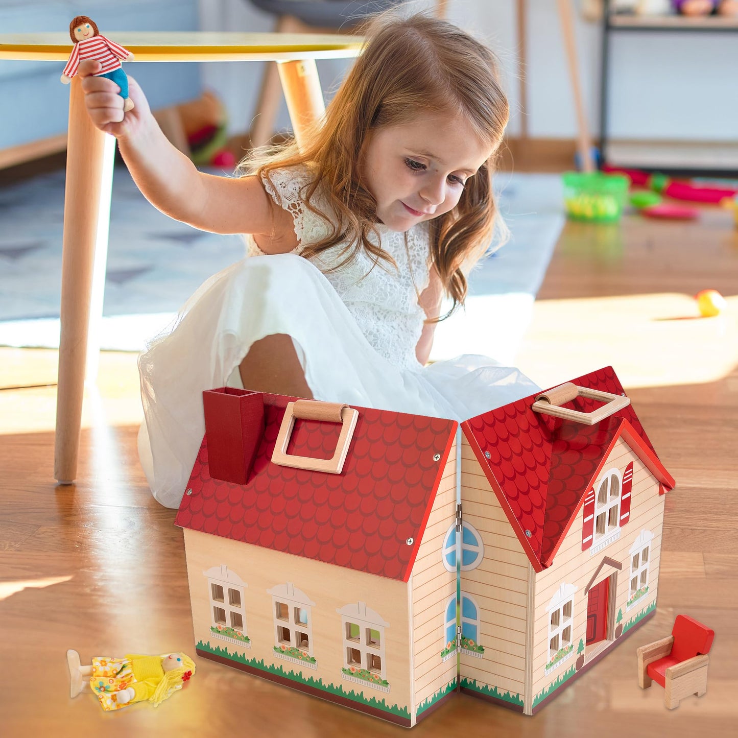 Woodmam Foldable Wooden Doll House With 13Pcs Furniture, 4 Rooms And 2 Flexible Dolls, Pretend Play House Set With Portable Handle, Christmas Birthday Gift For Boys Girls Kids Age 3+