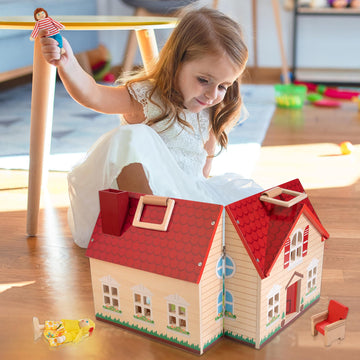 Woodmam Foldable Wooden Doll House With 13Pcs Furniture, 4 Rooms And 2 Flexible Dolls, Pretend Play House Set With Portable Handle, Christmas Birthday Gift For Boys Girls Kids Age 3+