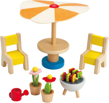 Hape Wooden Patio Set| Pretend Doll House Furniture With Accessories For Kids