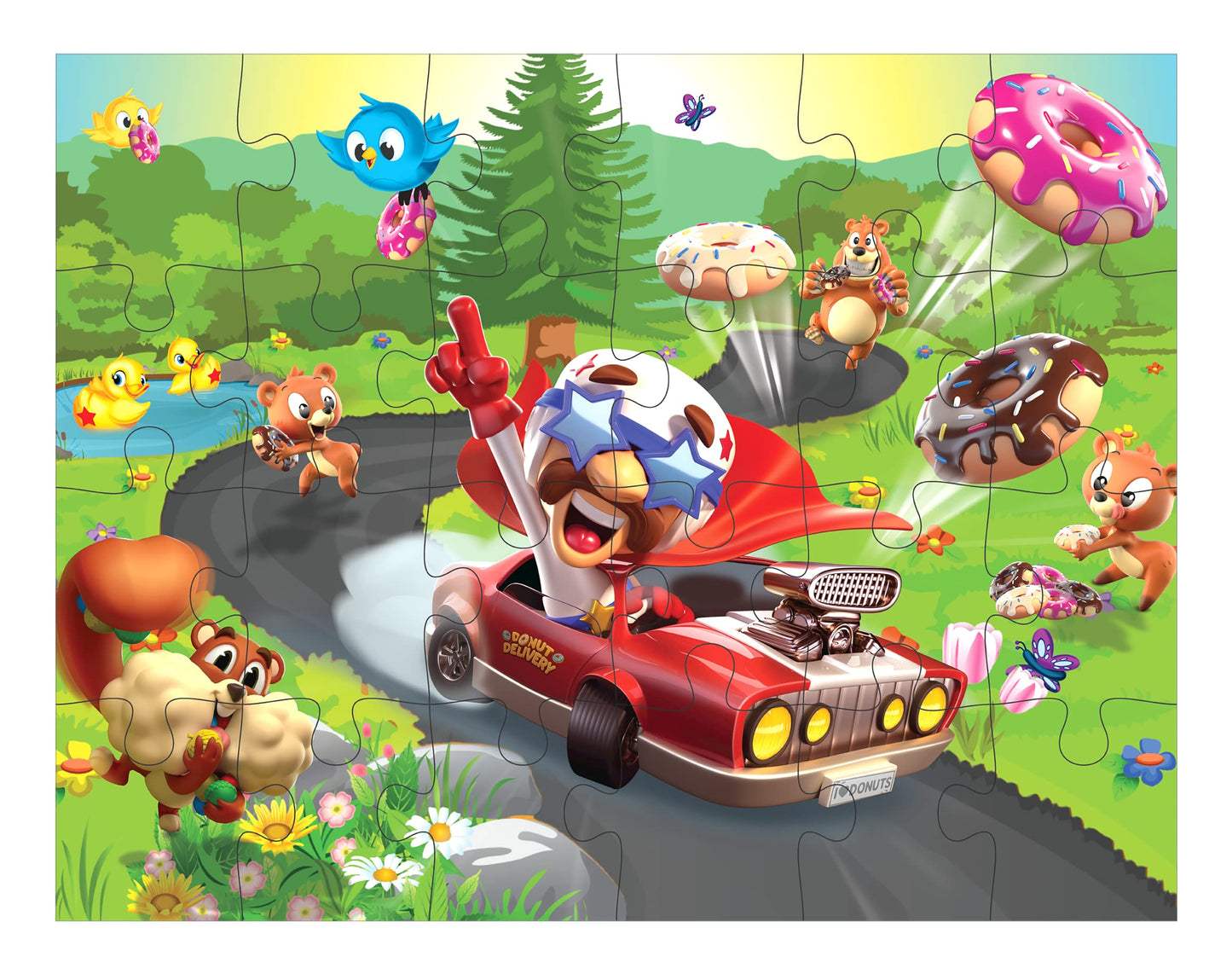 Goliath Donut Dash Game w/ 24pc Puzzle - Race to Pick Up Matching Donuts  Racecar Does Real Donuts On Table Or Hard Floor - Includes 24-Piece Puzzle