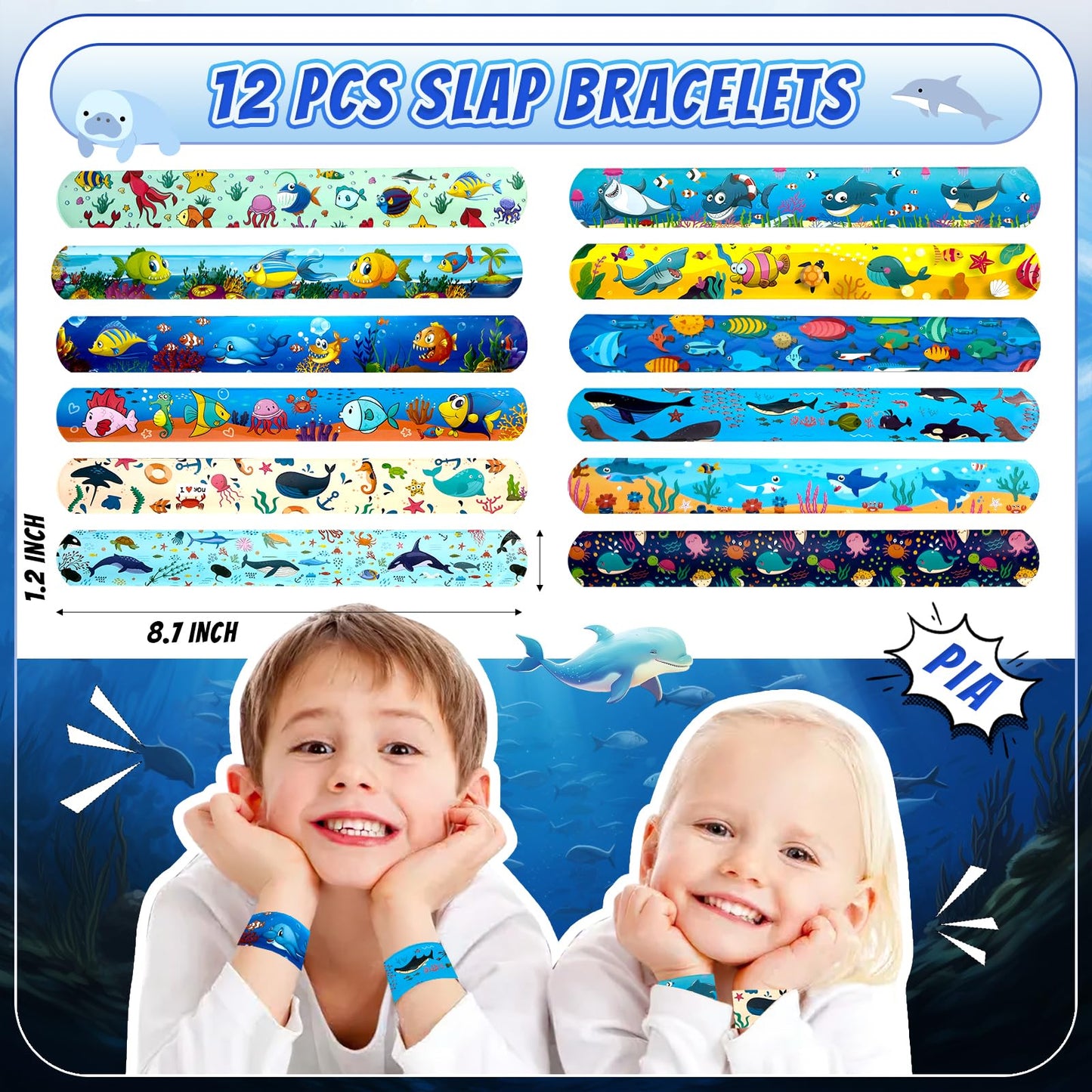 Joyvorite 144 Pcs Under the Sea Party Favors Set with Keychains Slap Bracelet Scratch Art Tattoo Stickers Wristbands Treat Boxes