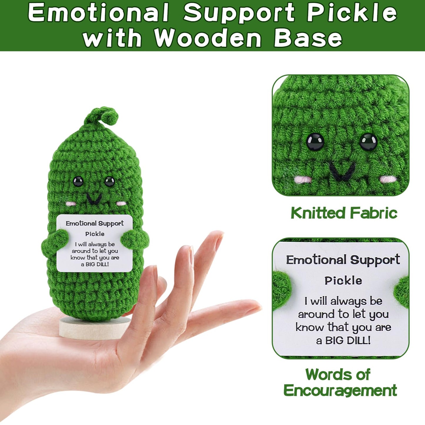 Hoedia Emotional Support Pickle With Wooden Base: Cucumber Crochet Dolls Friend Birthday Gifts For Women Men Coworkers Student -