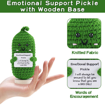 Hoedia Emotional Support Pickle With Wooden Base: Cucumber Crochet Dolls Friend Birthday Gifts For Women Men Coworkers Student -