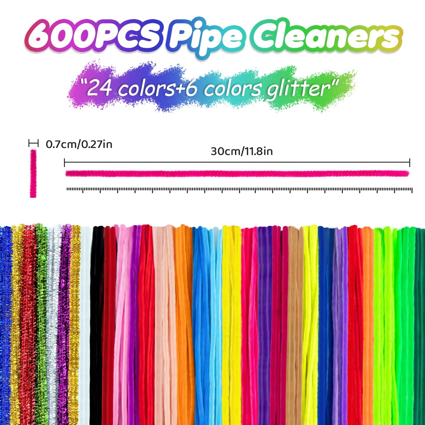 Acerich 600 Pcs Pipe Cleaners 30 Colors Chenille Stems DIY Art Craft Decorations (7 mm x 12 Inch)