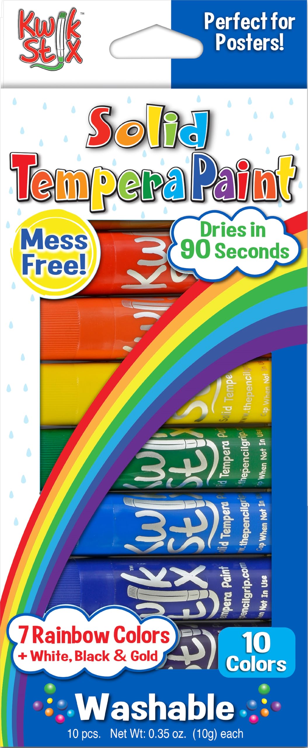 The Pencil Grip Kwik Stix Solid Tempera Paint Sticks, Washable, Rainbow Colors, 10 Non-Toxic Quick Drying, Allergen Free, Paint Sticks For Kids And Toddlers