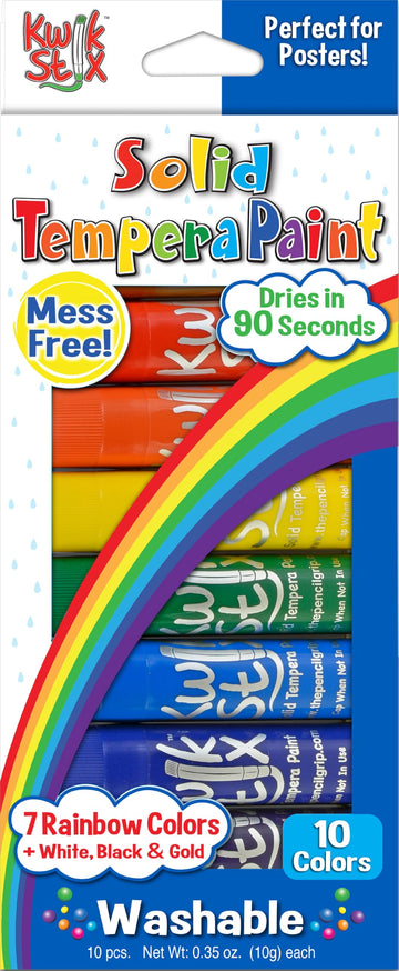 The Pencil Grip Kwik Stix Solid Tempera Paint Sticks, Washable, Rainbow Colors, 10 Non-Toxic Quick Drying, Allergen Free, Paint Sticks For Kids And Toddlers