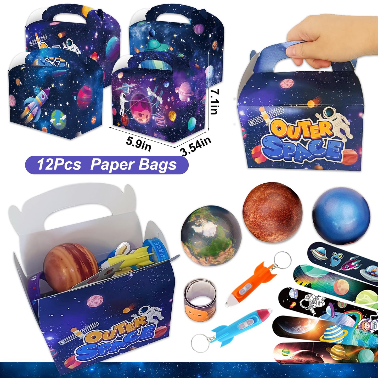 Bluegogo Space Party Favors Set - 151 Pcs Includes Stress Balls, Bracelets, Tattoos, Keychains - Perfect for Kids' Space Birthday Parties