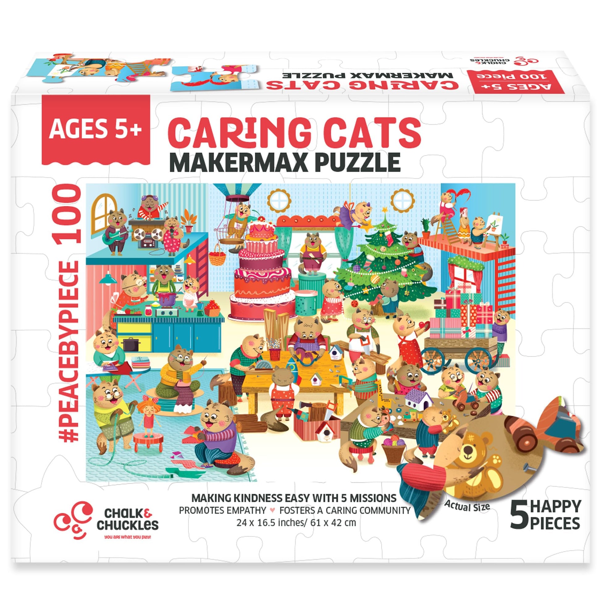 Caring Cats Makermax Kindness Puzzle - 100 Piece Jigsaw Puzzle with Missions | Emotional Learning Activity for Kids Ages 5-9 | Develops Empathy  Focus  and Fine Motor Skills | Gift for Boys & Girls