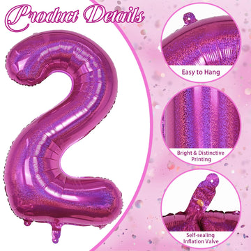 Number 2 Balloons, 40 Inch 2Nd Birthday Foil Balloon Laser Hot Pink Decor, Big Self Inflating Helium Dark Pink Two Balloon Numbe