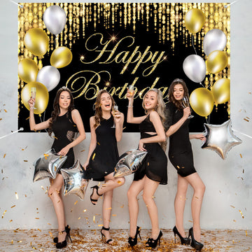 Black Gold Happy Birthday Banner Backdrop Large Happy Birthday Yard Sign Backgroud It'S My Birthday Backdrop Baby Shower Party Indoor Outdoor Car Decoration Supplies For Men Women Boys Girls