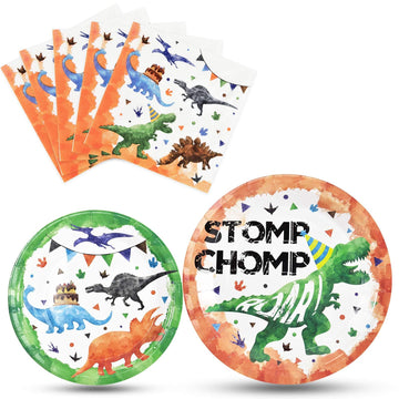 Watercolor Dinosaur Party Plates And Napkins - Dinosaur Party Supplies Bundles For Boys Kids Birthday Disposable Dinner Dessert Cake Luncheon Plates Napkins Tableware Set Serves 16 Guests 48 Pieces