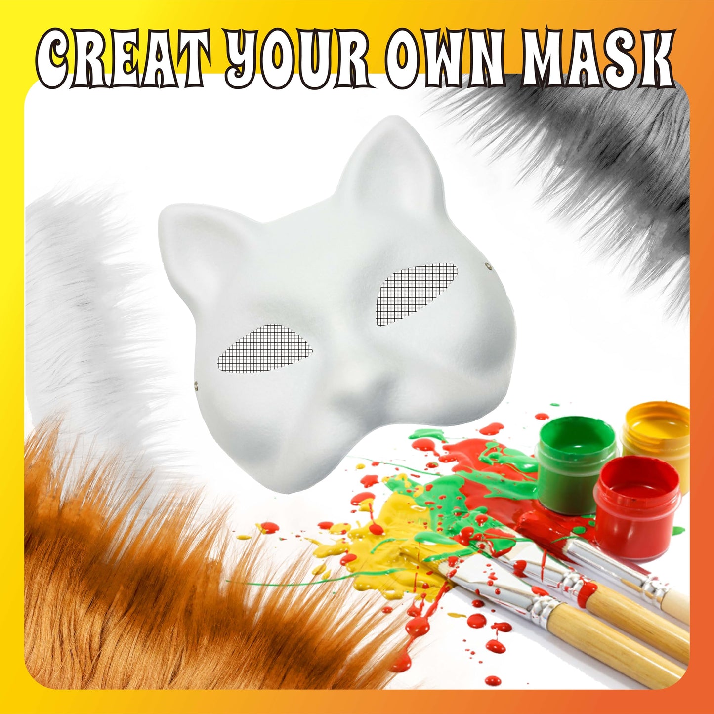 Therian Mask Kit With Fur & Eye Mesh And Fuzzy Fabric,Diy Cat Mask All-In-One To Paint, Blank White Mask For Halloween Masquerad