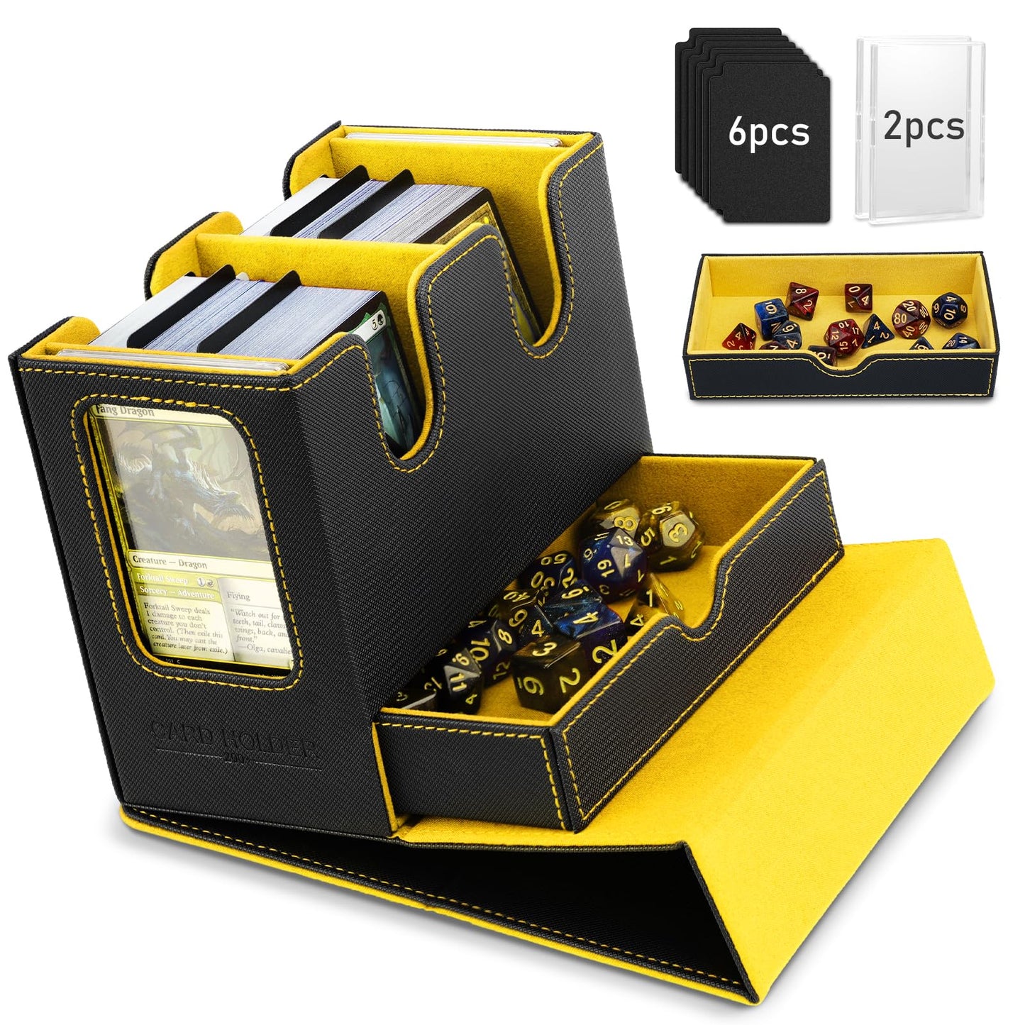 TiMOVO MTG Deck Box  MTG Commander Card Deck Box with Commander Display & Dice Tray Fits 400+ Unsleeved Cards  Leather Magnetic Card Storage Case with 6 Dividers for TCG CCG Magic Cards  Black+ Yellow