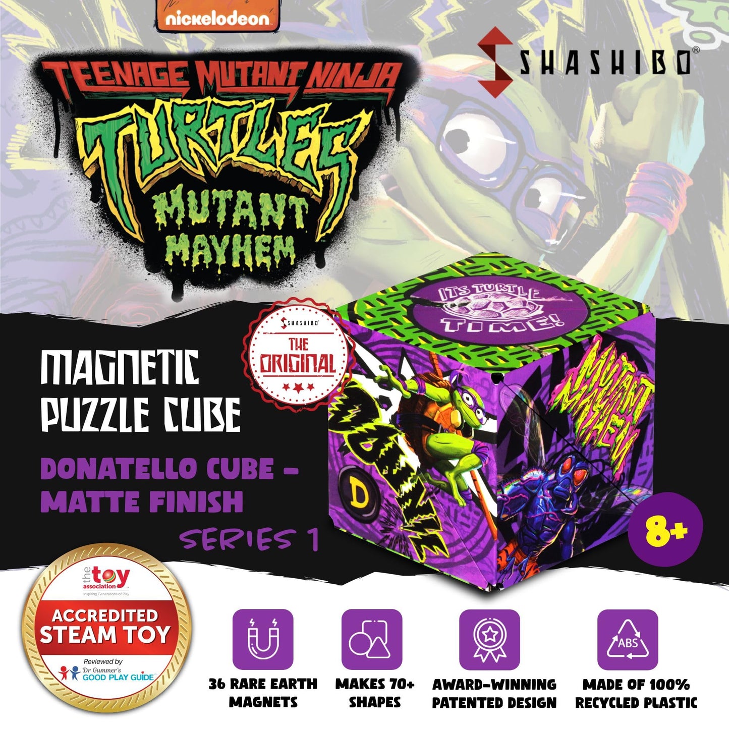 Shashibo Teenage Mutant Ninja Turtles Shape Shifting Box - Award-Winning, Patented Magnetic Puzzle Cube W/36 Rare Earth Magnets -Fidget Cube Transforms Into Over 70 Shapes (Donnie Series 1)