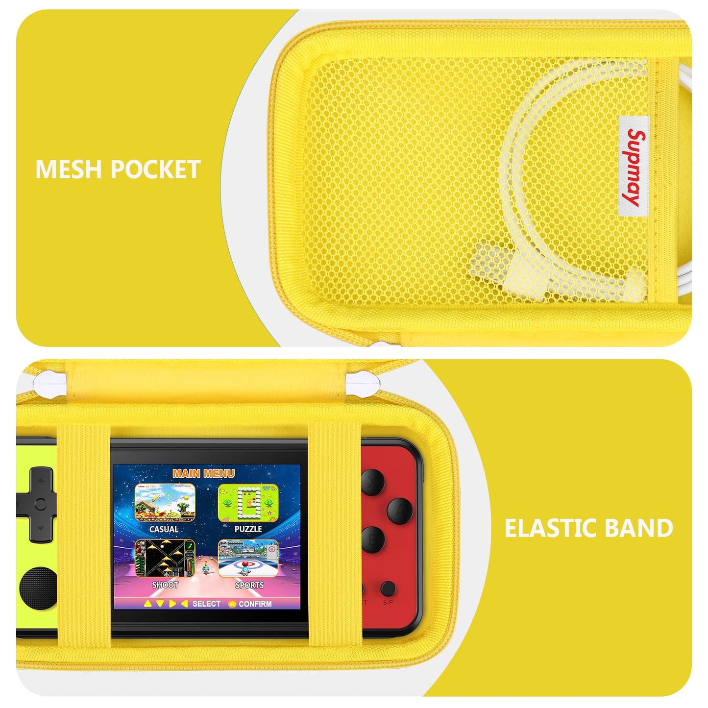 Supmay Carrying Case Compatible with KAVOYI/Beico/TEBIYOU 32 Bit Handheld Games for Kids  Portable Arcade Gaming Player Storage Holder Travel Bag with Mesh Pocket for Battery  USB Cable  Yellow