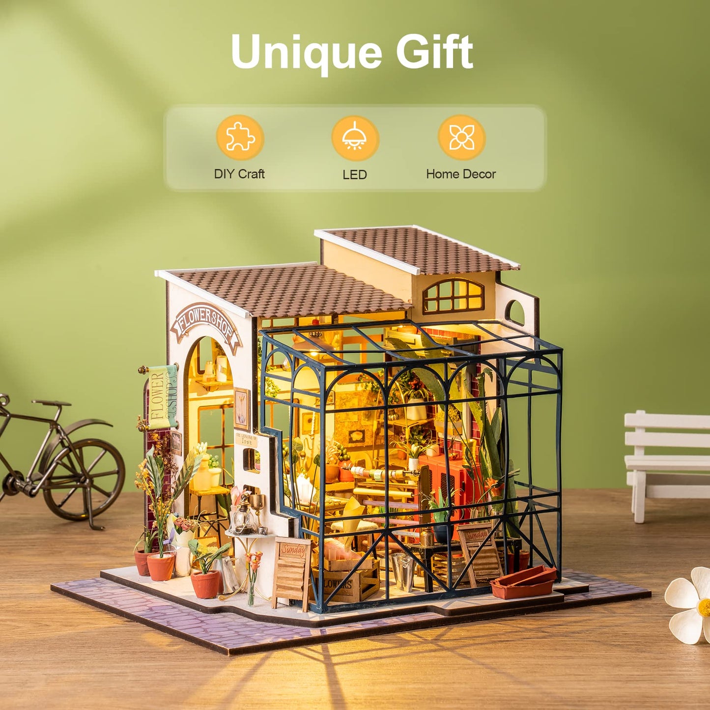 Rolife DIY Miniature Doll House Kit - Wooden Toy with Furniture, 7.8x7.9x7.2 inches, Emily's Flower Shop Design