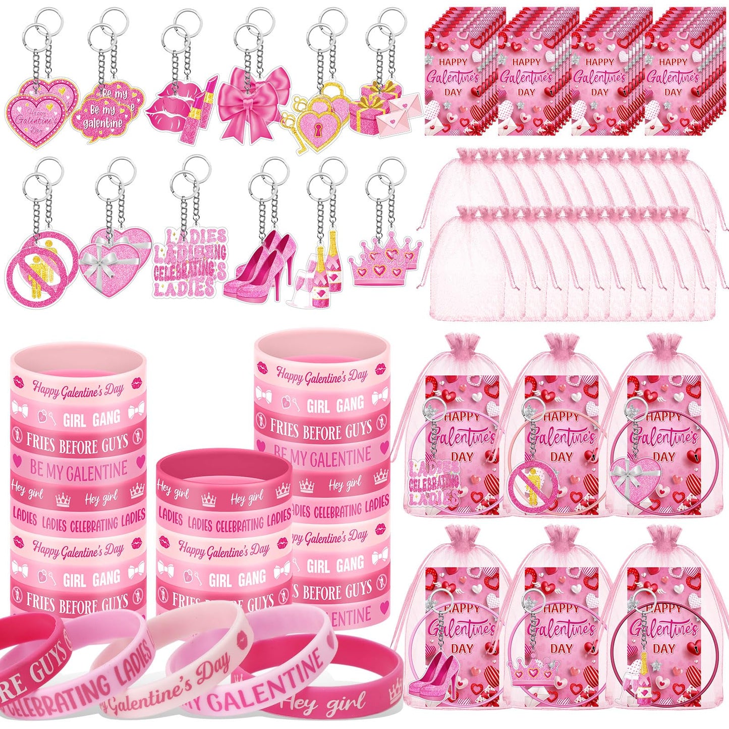 Blosssound 96 Pcs Happy Galentines Day Gifts Bulk Includes Friends Bracelets Keychains Bookmarks Bags Galentines Party Favors f