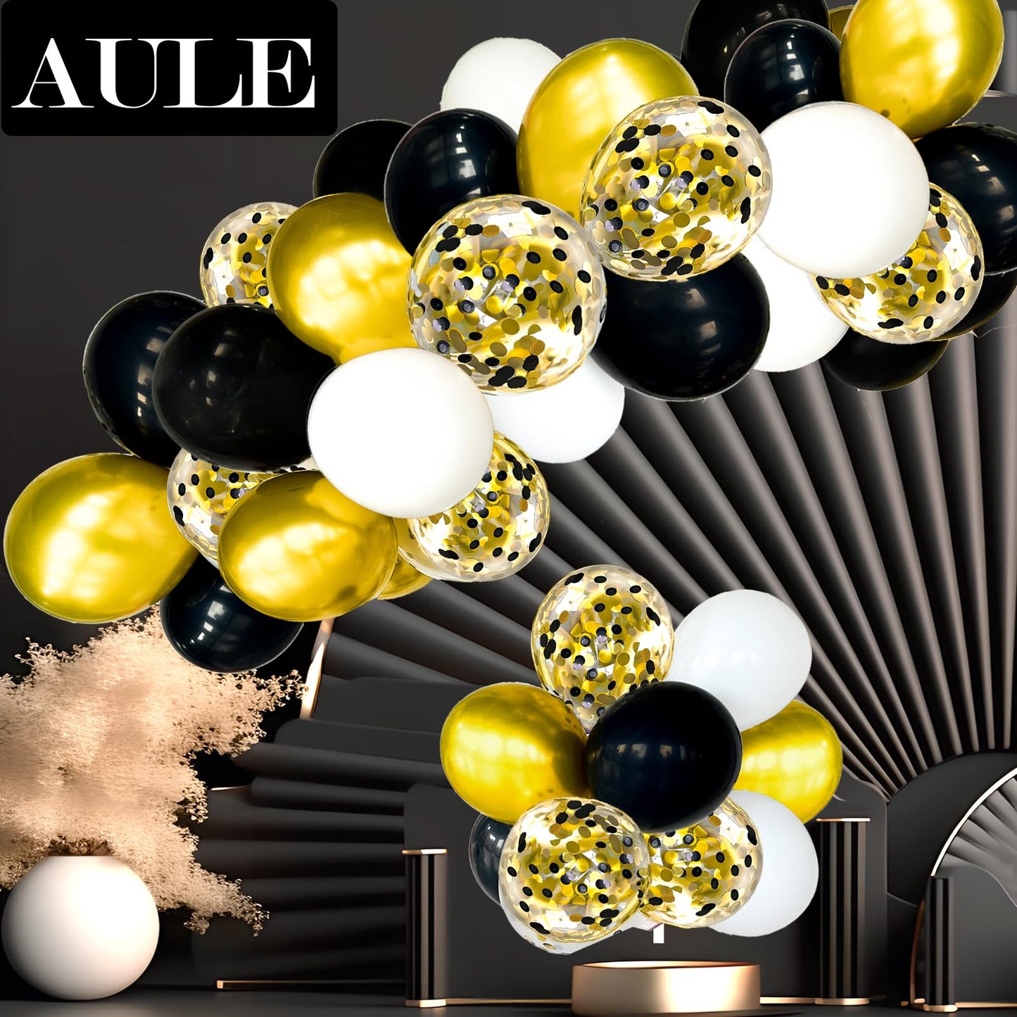 Aule Metallic Gold And Premium Latex Black White Balloons 60 Pack 12Inches And Black Gold Confetti Balloons With Gold Ribbons Se