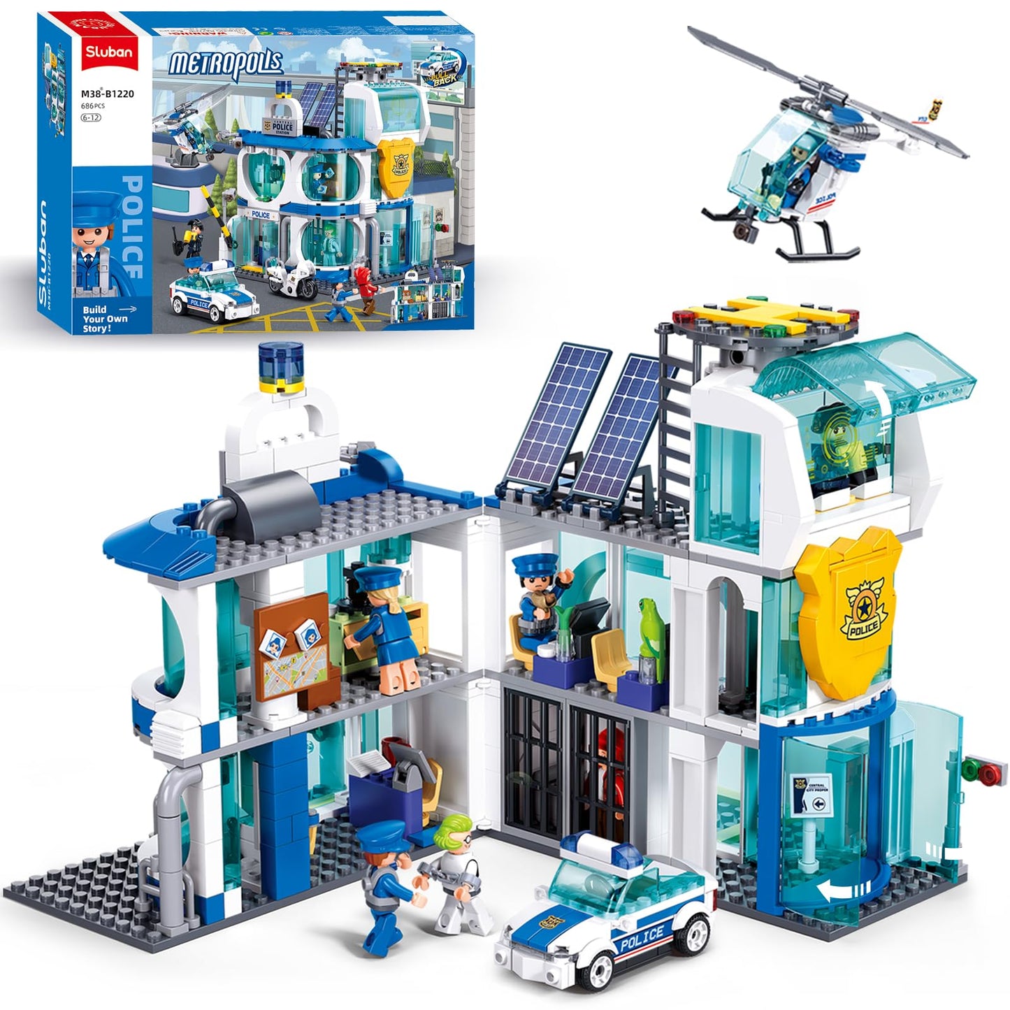 City Police Station, Police Station Building Set with Car Model, Motorcycle, Helicopter, Cop Patrol, Compatible with Lego Police