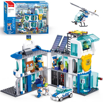 City Police Station, Police Station Building Set with Car Model, Motorcycle, Helicopter, Cop Patrol, Compatible with Lego Police