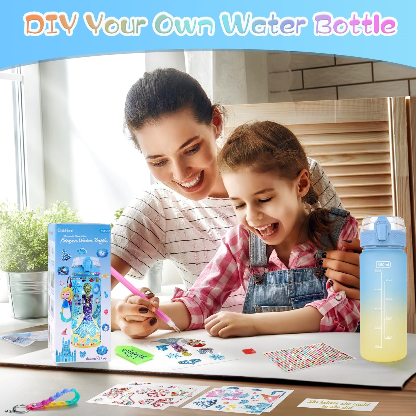 GirlsHome Decorate Your Own Water Bottle for Girls Age 4-6-8-10, Frozen Toys for Girls Painting Crafts, Fun Arts and Crafts Kits