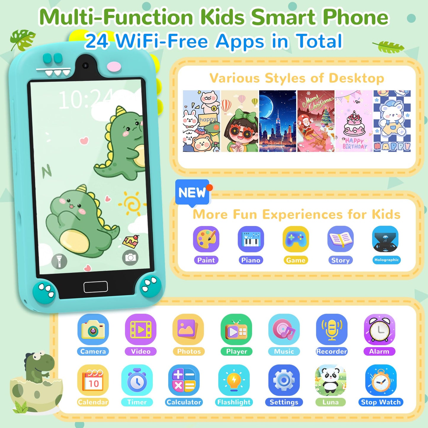 YIFOCO Kids Smart Phone, 4 Touchscreen Dual Camera, 24 No-WiFi APPs & 28 Educational Games, Christmas Birthday Gifts for Boys 3-