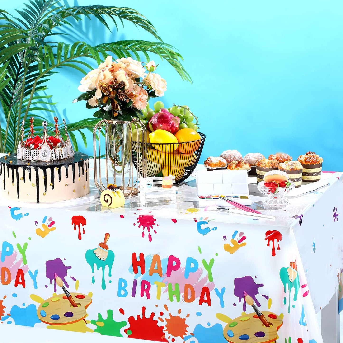 3 Pieces Art Paint Party Tablecloths Happy Birthday Table Cover Paint Splatter Party Table Cloth Disposable Plastic Painting Sup