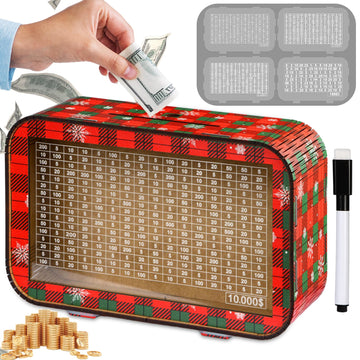 Christmas 4-In-1 Wooden Money Saving Challenge Box - Fully Assembled Piggy Bank ($1000/$3000/$5000/$10000) - Kakeibo Money Box W