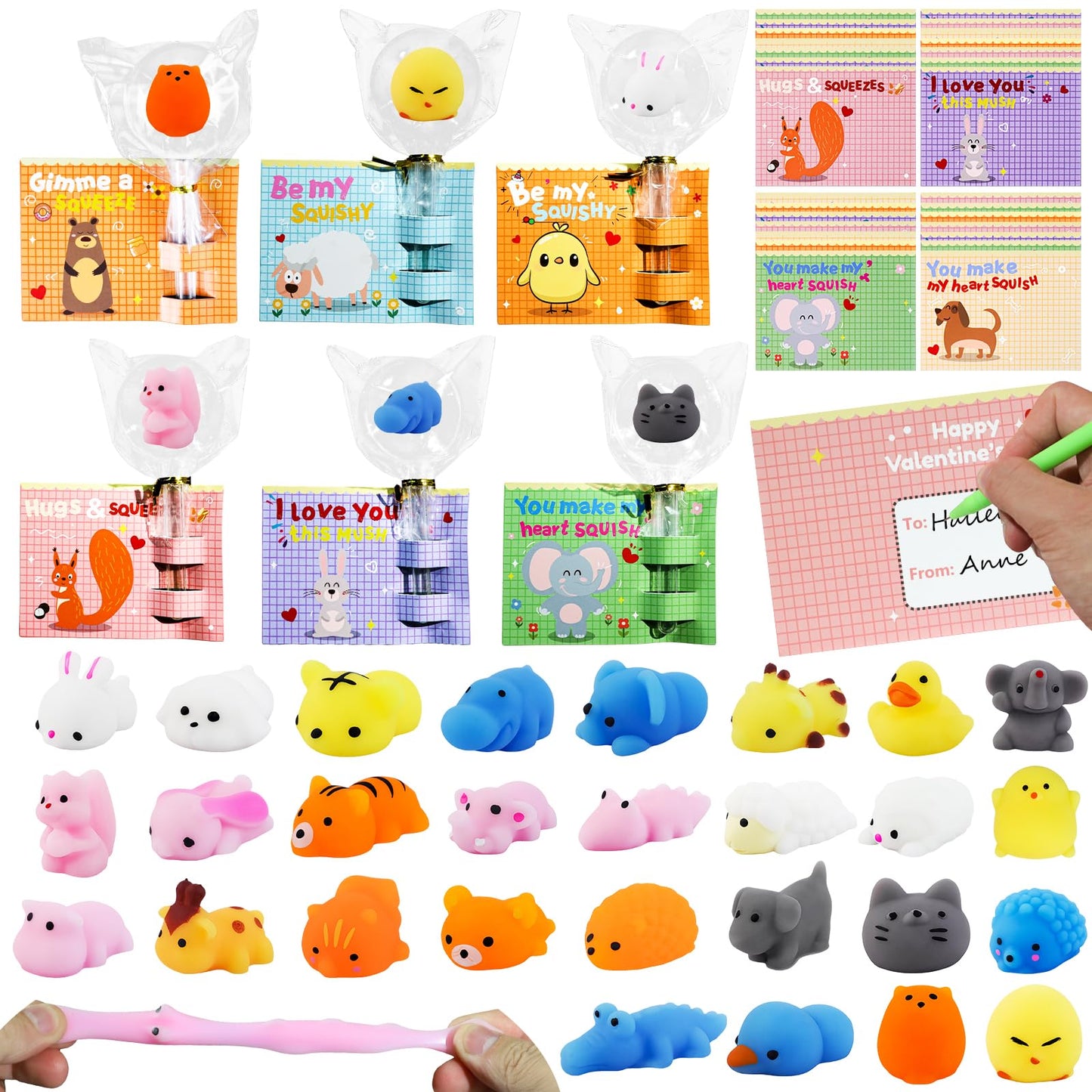 28 Pack Valentines Day Mochi Squishies Toys with Cards for Kids, Valentines Day Gifts for Kids, Kawaii Stress Relief Fidget Toy