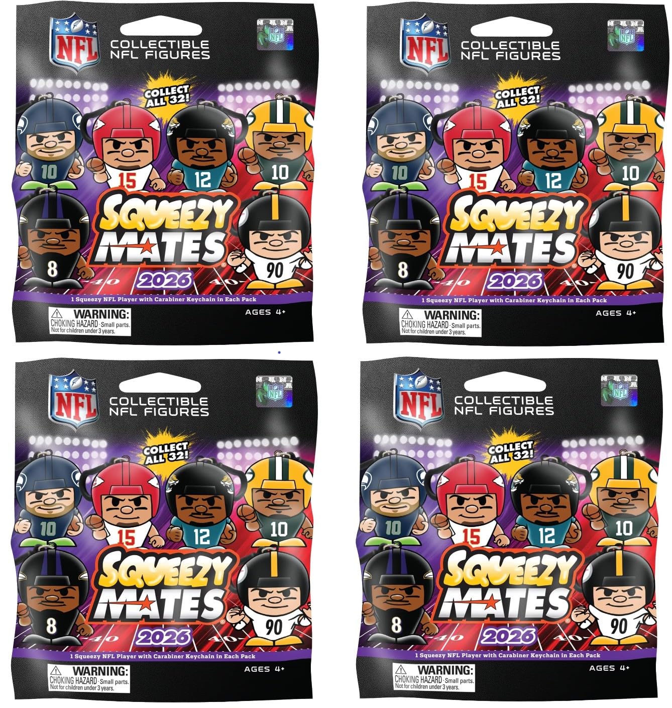 TeenyMates Party Animal NFL 2026 Squeezymates Series 8 Figures, Team Colors, One Size (Squeezymates 2026 NFL 4 Blind Pack Lot)