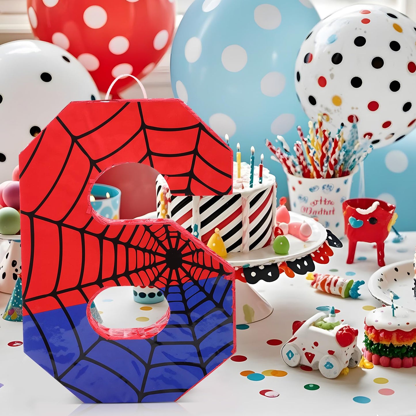 Simgoing Number 6 Spider Web Piata Bundle with Blindfold Small Piata Birthday Party Decoration for Mexican Fiesta Cinco De Mayo