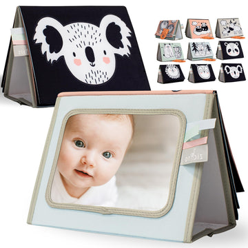 Soft Tummy Time Book W/ Large Stimulating Baby Safe Mirror - Fun High Contrast Montessori Toy W/ Mirror, Crinkle Filling & Silic
