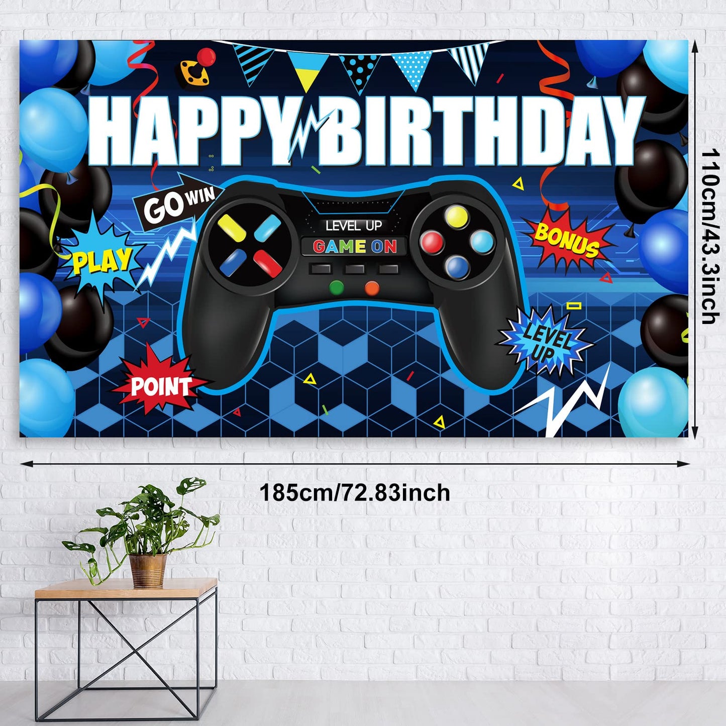 Video Game Birthday Party Decorations Set Gaming Happy Birthday Supplies Includes Video Game Backdrop, Table Covers, Balloons And Foil Gamer Balloons For Party(Blue And Black)