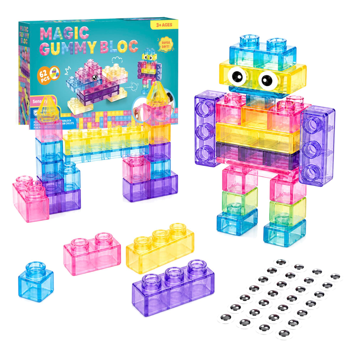NIDNAD 62Piece Soft Building Blocks for Kids, Translucent Stacking Set