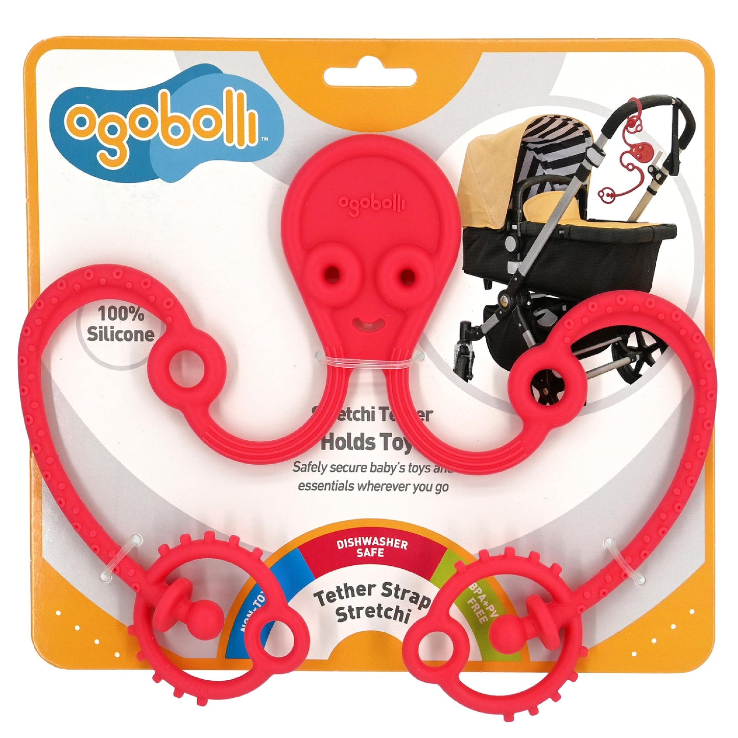 OgoBolli Stretchi Tether Toy Holder and Teether for Babies & Toddlers - Stretchy, Squishy, Soft, Non-Toxic Silicone - Boys and G