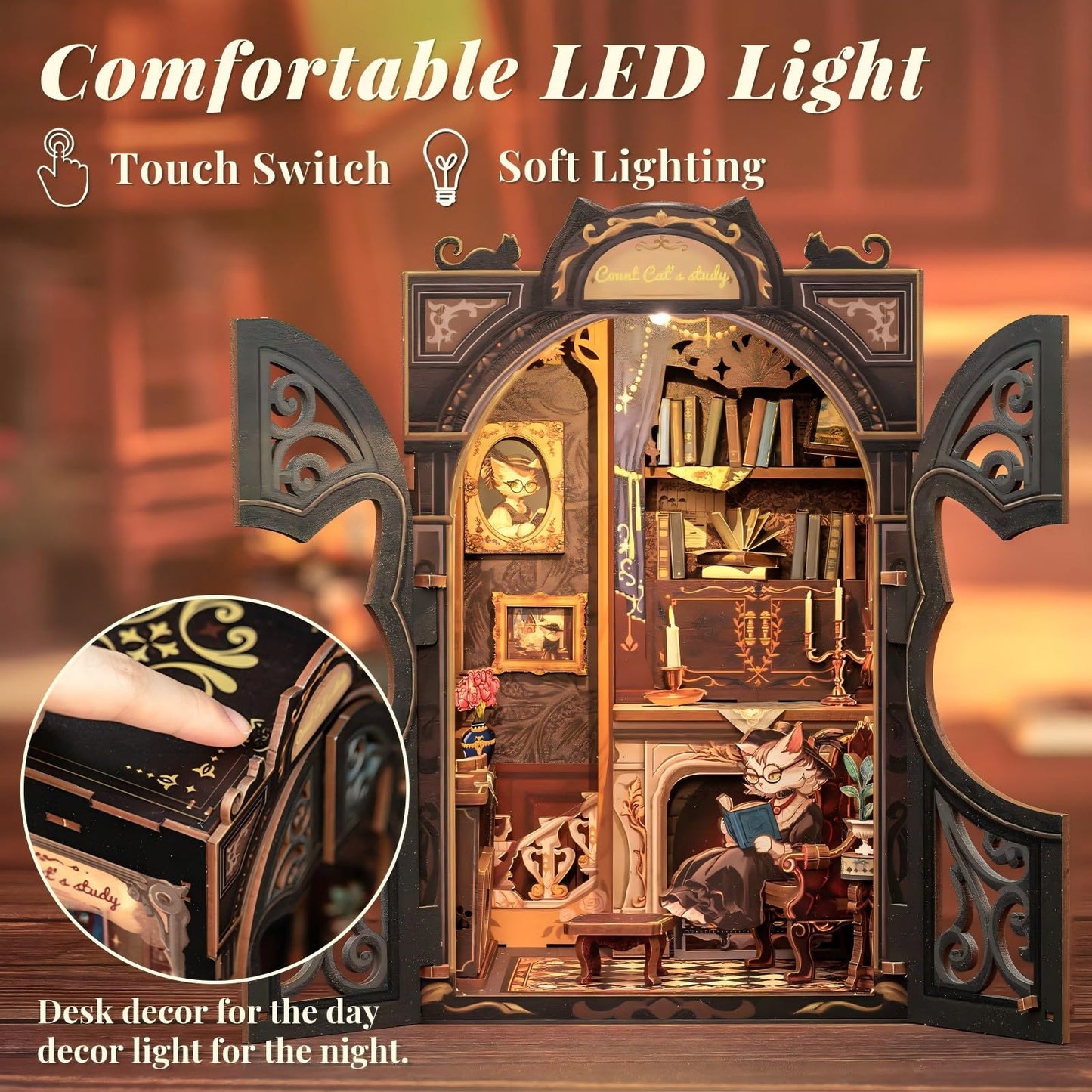 Fsolis Book Nook Kit, Diy Miniature House Room Kit For Adult Activity Puzzle Booknook Bookshelf Decor Birhday For Women Teens Craft Lovers(Count Cat'S Study)