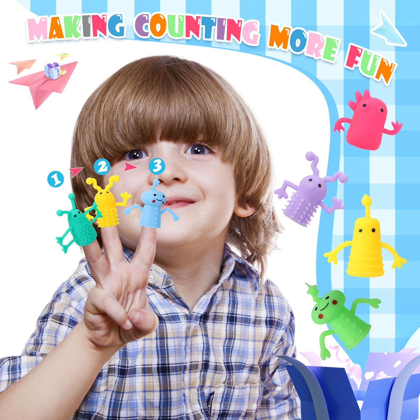 Booson 80 PCS Monster Finger Puppets - Soft Rubber, Multicolored, Stretchy Fidget Dolls for Kids' Role Playing & Party Favors