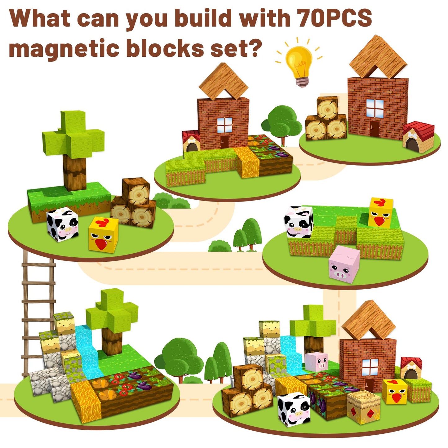 Planeko Magnetic Blocks Building Toys 70Pcs 1'' Magnet Blocks Farm Magnetic Toys For Kids 4-8 Stem Sensory Montessori Toys For T